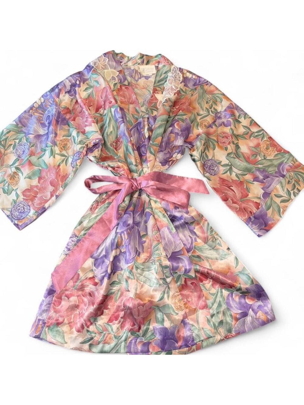 Vintage California Dynasty Floral Satin Kimono Robe